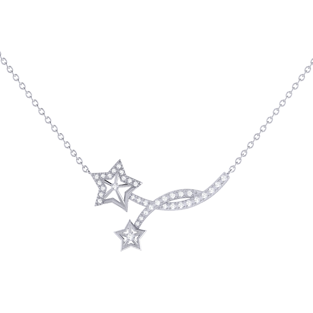 Handmade Divergent Stars Diamond Necklace in 14K White Gold